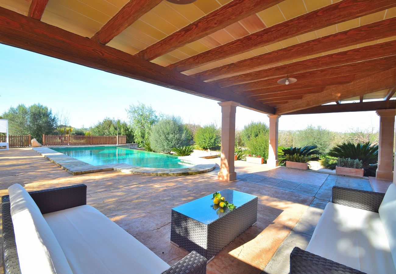 Vista de la terraza y de la piscina de la villa en sineu